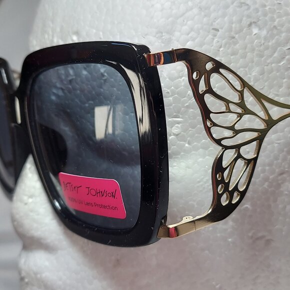 NWT Betsey Johnson Oversized Square Sunglasses Black & Gold With Wings - Picture 1 of 7